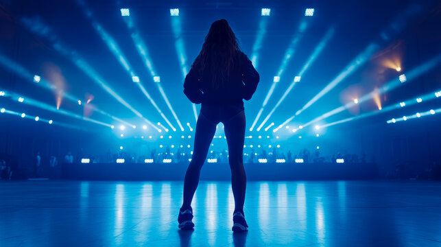 Dynamic Silhouette of Dancer or Performer Standing Center Stage Under Brilliant Array of Blue Concert Lights, Preparing for Action