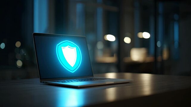 Laptop shield cybersecurity protection data security glowing night office technology�A laptop with glowing shield icon screen symbolizes cybersecurity and data protection modern office night