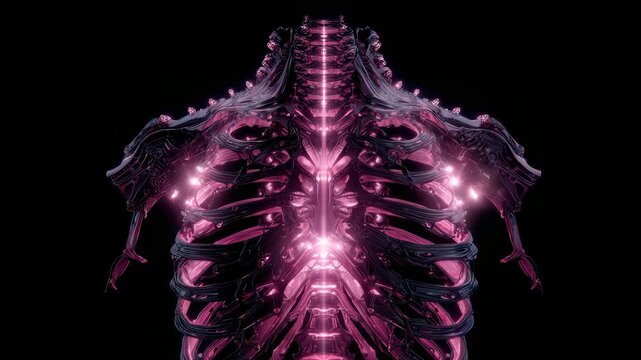 Futuristic glowing ribcage spine and shoulder anatomy in vibrant pink digital art, abstract surreal illuminated skeleton, sci fi medical concept, mysterious fantasy upper body background
