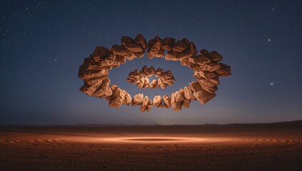 Hovering two concentric rings of boulders casting warm light over sandy plain, with tire tracks