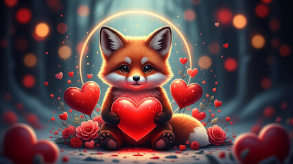 Obraz premium Cute baby fox holding a red heart. Gentle valentine decor. Whimsical illustration for Valentines day card. Sweet animal concept.