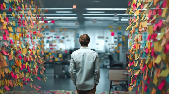 Person in modern office hallway with colorful sticky notes on glass walls, brainstorming ideas, creativity, planning, teamwork, innovation, and productivity in collaborative workspace atmosphere