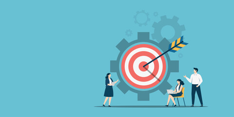 A professional business team collaborates near a large target and gears to achieve goals, representing efficiency and teamwork in a flat design.