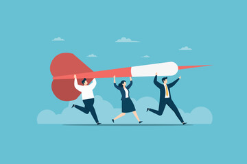 A business team of three people running while carrying a giant red dart together, symbolizing collective effort to achieve a goal and corporate success.