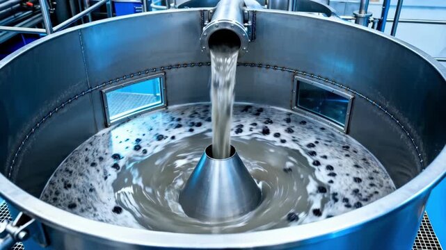 Medium shot capturing turbid juice entering a clarifier showing the swirling motion and initial separation of suspended solids in a dynamic industrial process.