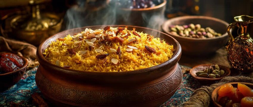A steaming bowl of traditional yellow rice biryani garnished with almonds. Close-up of an authentic Middle Eastern pilaf dish. Gourmet homemade cooking concept