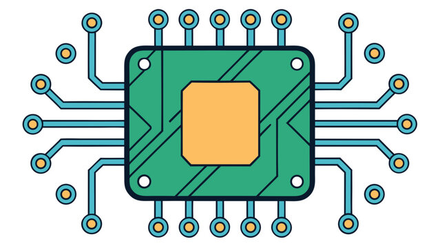 A colorful vector illustration set featuring a printed circuit board with a processor alongside a cartoon bus, train, and truck for a school transport business design