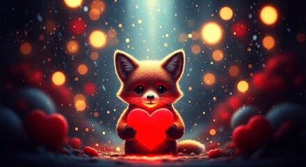 Obraz premium Cute baby fox holding a red heart with bokeh lights. Adorable animal illustration for Valentines Day greeting card design.