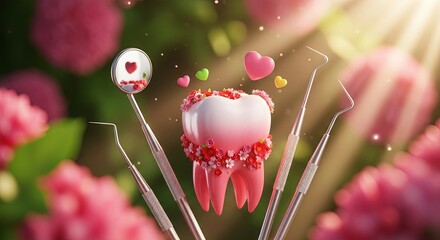 Obraz premium Tooth with flowers and dental instruments. Healthy teeth concept and dental hygiene for Valentines day. Beautiful smile.
