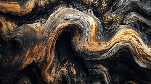 Abstract close-up of weathered, gnarled tree roots with swirling patterns and rich textures.