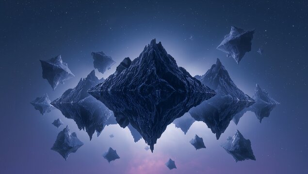 Floating large inverted pyramid rock drifting in space, halo backlight casting starfield and nebula
