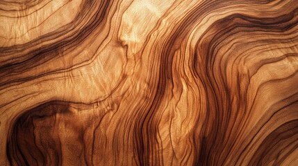 Fototapeta premium Close-up of the beautiful, swirling grain pattern of natural olive wood, showcasing rich brown and golden hues.