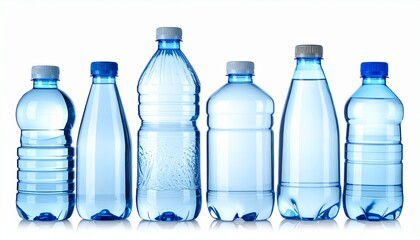 Naklejka premium Collection of various plastic bottles with different shapes and sizes on a plain surface from a frontal viewpoint