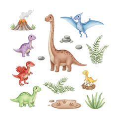 Fototapeta premium Cute friendly dinosaurs prehistoric landscape with volcano pterodactyl and baby dinosaurs in watercolor illustration