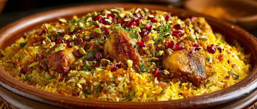 Traditional chicken biryani served on a large platter. A close-up of a Middle Eastern rice dish with pomegranate and pistachio garnish. Appetizing gourmet food concept