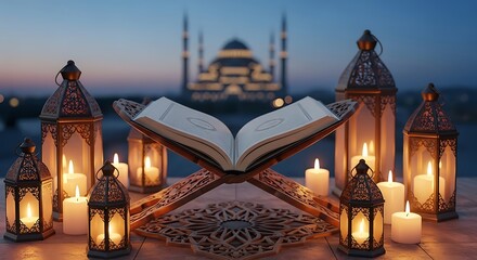 Obraz premium Ramadan night with quran and lanterns in front of a mosque
