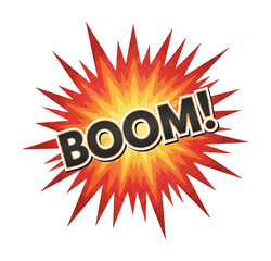 Comic style explosion effect with BOOM text on a white background vibrant dynamic illustration