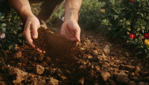 Scooping gardener's hands in short sleeves sifting loose soil at garden bed, with flowering blooms