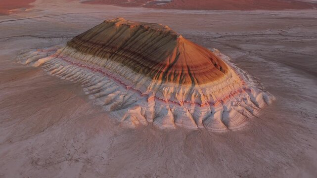 Aerial view of a unique layered rock formation displaying earthy tones and textures against the stark desert landscape, Bokty, Mangystau Region, Kazakhstan.