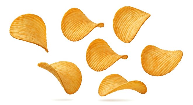 Crunchy, ridged potato chips scattered on a white background, showcasing a popular savory snack.