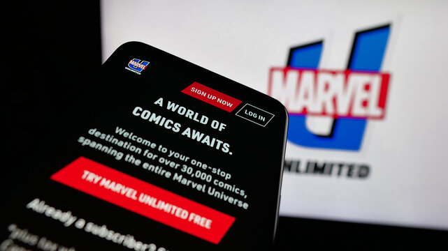 Stuttgart, Germany - 01-19-2026: Mobile phone with website of comics subscription service Marvel Unlimited on screen in front of logo. Focus on top-left of phone display.
