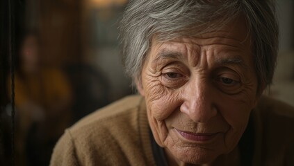 Sitting senior woman gazing contemplatively in residential room, wearing brown knit sweater