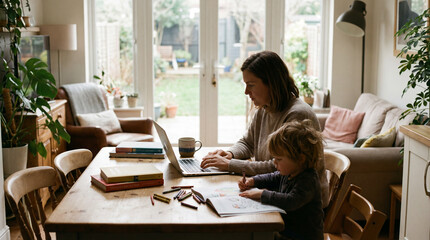 Working woman in knit sweater, child coloring with crayons at dining table at home, laptop mug