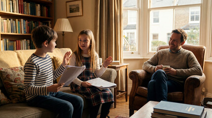 Fototapeta premium Holding papers, boy in stripes, girl in plaid rehearsing in living room, armchair mug, copy space