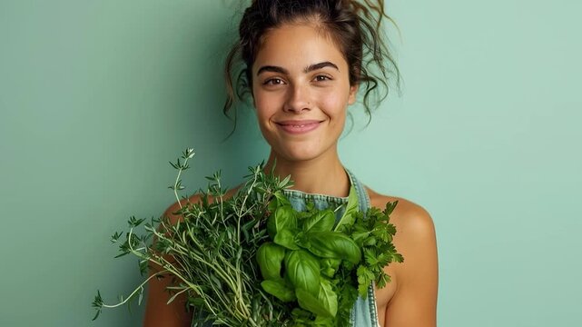 A woman stands smiling while holding a bunch of fresh herbs including basil, thyme, and parsley. She wears a simple outfit and has curly hair. The background is a light green color