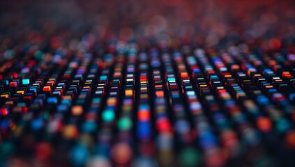 Fototapeta premium Glowing band of lit pixel modules reflecting on panel in dark room showing bokeh highlights