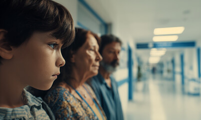 Family waiting in a hospital or health center. A child, a woman, and a man standing with worried expressions, waiting in the hallway of a health facility.