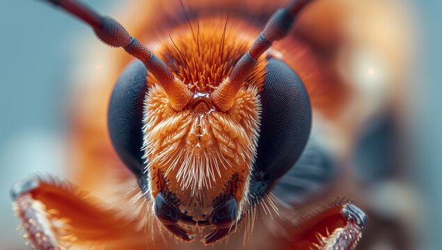 Showing wasplike head and thorax in macro setup, with compound eyes, antennae, mandibles, setae