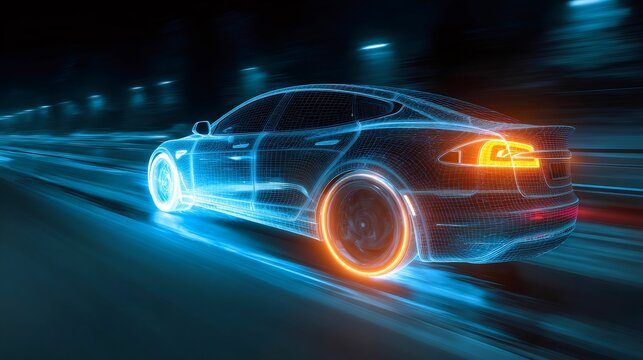 Digital wireframe electric car swiftly moving through a futuristic tunnel, showcasing advanced autonomous driving technology and high speed innovation in a glowing, dynamic visualization