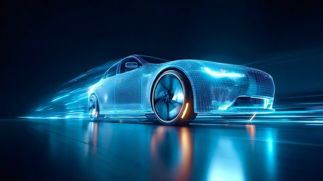 Conceptualizing a futuristic electric car design, this 3d model shows its wireframe structure in motion, highlighting advanced technology and digital automotive innovations rushing forward
