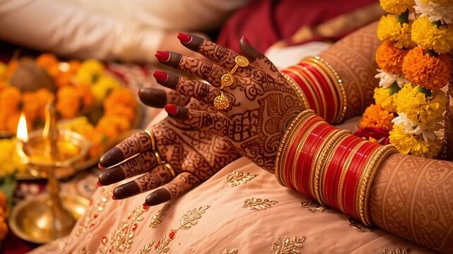 Closeup of Indian brides hands adorned with intricate mehndi and traditional bangles during a wedding ceremony.