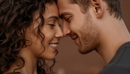 Smiling couple pressing foreheads together in studio, woman showing nose stud, man wearing dark top