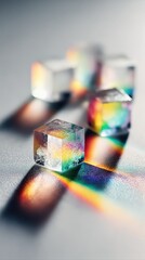 Prism rays refract through ice cubes on polished glass, creating multicolored highlights and dramatic angular shadows. This abstract composition evokes a futuristic, vibrant mood.