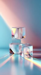 Prism rays refract through ice cubes on polished glass, creating vivid multicolored highlights. Dramatic shadows and futuristic tones give this abstract photo striking impact.