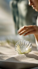A close-up of a seashell on pale sand with a graceful hand reaching in soft sunlight. Minimalist skincare aesthetics meet natural elegance and tranquility here.