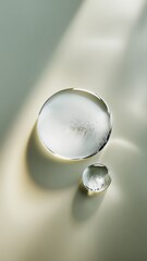 Two crystal-clear gel droplets rest on a soft beige surface, capturing sunlight and casting elongated shadows. Modern skincare luxury meets minimal elegance in this macro shot.