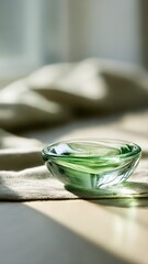 A translucent green gel in a glass dish sits on beige linen, bathed in sunlight and dramatic shadows. Elegant minimalism and purity evoke a serene, fresh mood.