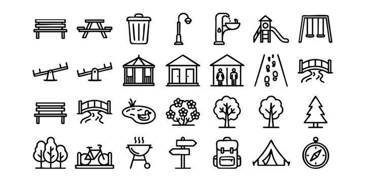 Collection of simple icons representing various park elements and activities from a straightforward viewpoint