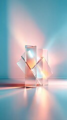 Minimal abstract architecture with translucent crystal panes and pastel light beams. Dreamy refractions and airy composition evoke a quiet emotional modern art mood.