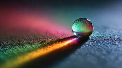 A macro photo of a water droplet on smooth stone refracts rainbow colors under golden hour light. Vibrant prism hues and painterly shadows create an abstract, dreamy effect.