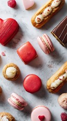 Assorted Valentine&rsquo;s pastries including macarons, eclairs, and petit fours in romantic red and pink hues. Elegant treats styled on a textured white stone surface.