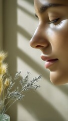 A serene portrait of a woman with radiant skin beside dried lavender. Soft sunbeams and long shadows create a calm, editorial mood against a neutral beige wall.