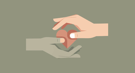 Handing over a red heart shape symbolizing love and care.