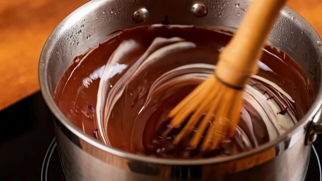 Medium shot of a jacketed vessel blending rich chocolate with cream and flavorings showcasing a manual whisk gently folding ingredients into smooth ganache.