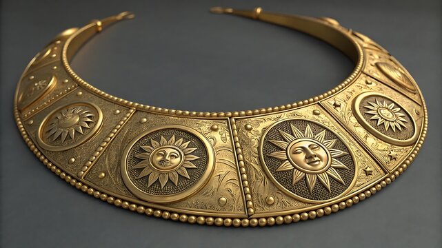 Ornate gold torc necklace with sun face motifs