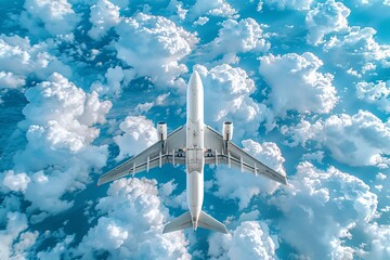 Stunning panoramic view featuring a plane soaring through a vibrant blue sky filled with clouds